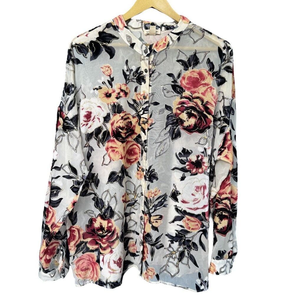 Tribal Womens Floral Velvet Burnout Button Up Top Size L Whimsigoth Fairy Boho